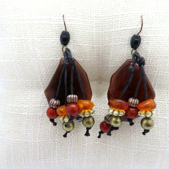Vintage Artisan Handcrafted Pierced Earrings 2" Dangle Brown White Orange Beads - Picture 7 of 10